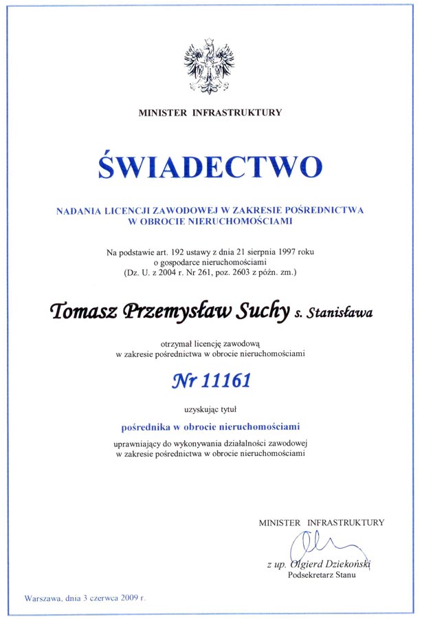 Świadectwo - Licencja zawodowa pośrednika w obrocie nieruchomościami nr 11161 Tomasz Suchy Biuro Nieruchomości Sosnowiec Dąbrowa Górnicza