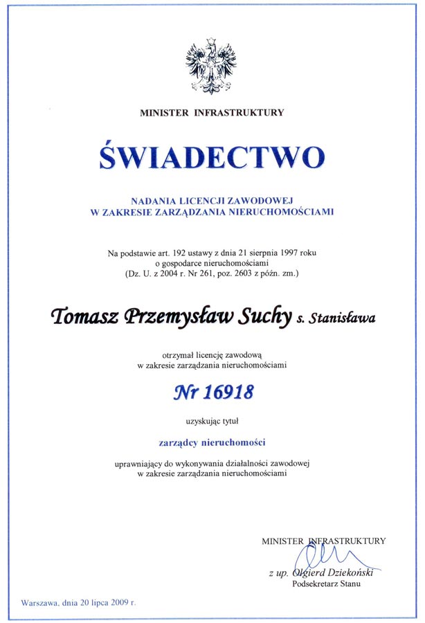 Świadectwo - Licencja zawodowa zarządcy nieruchomości nr 16918 Tomasz Suchy Biuro Nieruchomości Sosnowiec Dąbrowa Górnicza